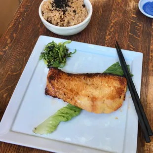 Miso salmon lunch special with brown rice