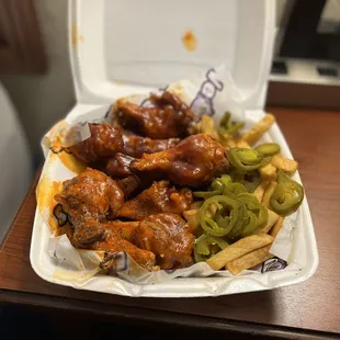 Sweet heat &amp; Wuzzam wings &amp; fries w/ jalapeños