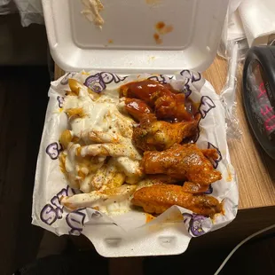 6 piece and fries ($10) - wazzum &amp; sweet heat flavored with ranch and cheese add one on the fries .