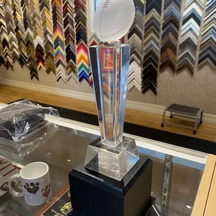 Our Fantasy Football League trophy mounted on a base!