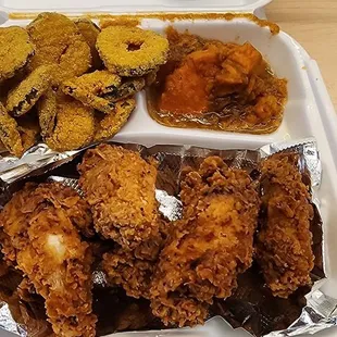 Wings w/ fried pickles and yams