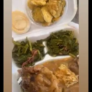 Greens. Oxtails gravy &amp; rice. Fried pickles.