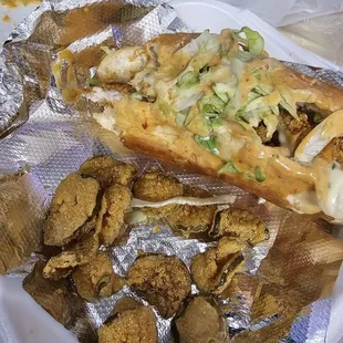 Catfish po boy with fried pickles