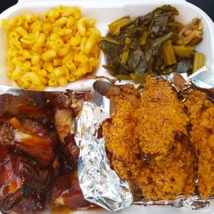 Rib tips with plenty of bbq sauce, fried chicken wings, collard greens, mac &amp; cheese.