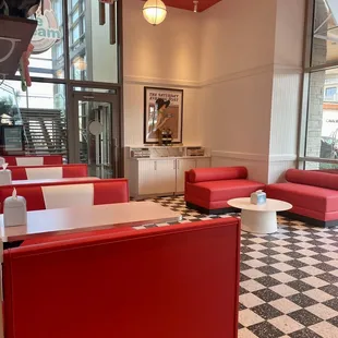 a red and black checkered floor in a restaurant