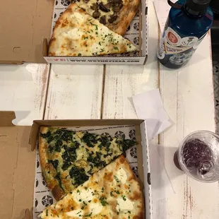 top to bottom: Forest Shroomin Slice, White Slice, Spinach and Artichoke Slice, White Slice