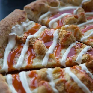 a close up view of a pizza