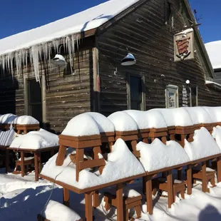 snow covered tables and benches