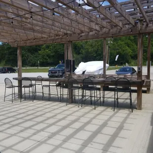 a picnic table and chairs under a pergol