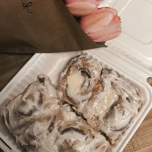 Sourdough cinnamon rolls and fresh flowers