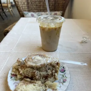 The best cinnamon roll with an iced coffee