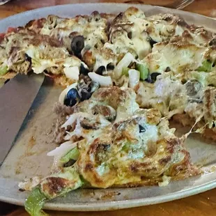 Small thin crust supreme pizza. Pepperoni sausage, Canadian bacon, mushrooms, onions, green peppers, black and green olives.