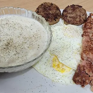 Eggs, cornbeef hash, sausage, and gravy...