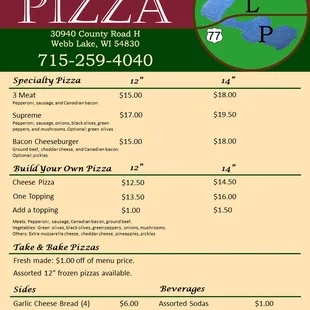 Updated menu. Call and inquire about what frozen pizzas we have available for take and bake.