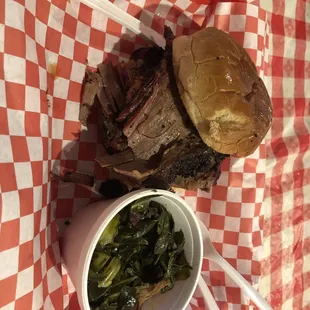 Brisket sandwich and greens
