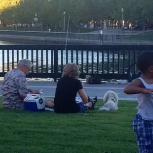 She encourages her dog to poop in the middle of a crowd of people eating. Then sits down next to it not cleaning it up. Lovely