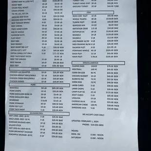 the price list for the restaurant
