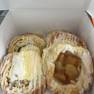 Apple danish, cheese and pecan danish, and regular cheese