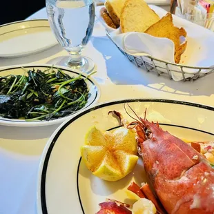 Pork belly kale, bread basket, lobster