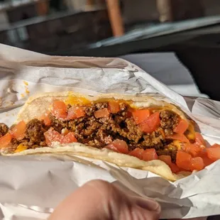 a hand holding a burrito