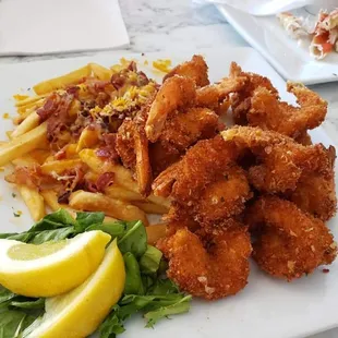 Fried shrimp basket with bacon and cheese fries
