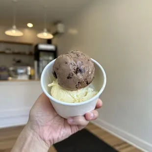 Chocolate fudge brownie (top) and chai (bottom) scoops