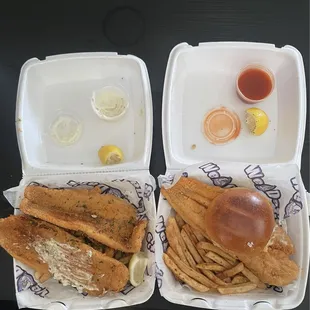 On the left is the Brow Special  On the right is the Fish with fries sandwich