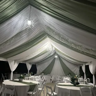 Setup at night with their beautiful chandeliers