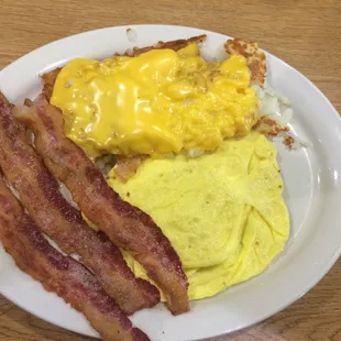 bacon, eggs, and hash browns