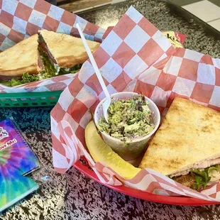 Whole Real Italian (left) with chips and a half Pitching with Broccoli Salad