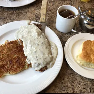 #5 Country Fried steak, hash browns, and a biscuit (Skipped the eggs and substituted tea for coffee.)