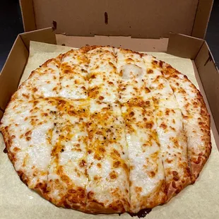 a cheese pizza in a box