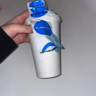 Plastic tape for matcha latte ripped cup, sticker on the cup &amp; pulled out/broke part of lid with it. Spill and burn alert