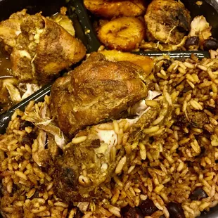 Curry Chicken, Rice and Beans, Plantains so good!