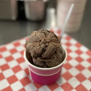 Henry Co. Pothole ice cream. Made with chocolate ice cream, black and tan fudge &amp; chunks of chocolate asphalt.