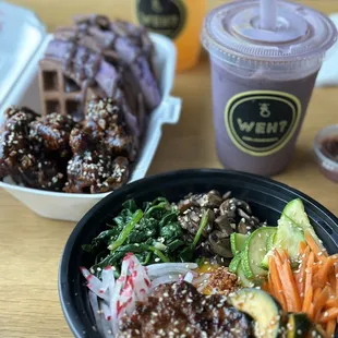 Ube Waffles with K-chicken with Adobo sauce