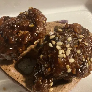 Lovely spicy sticky chicken atop tender, slightly sweet ube waffles. Bliss.