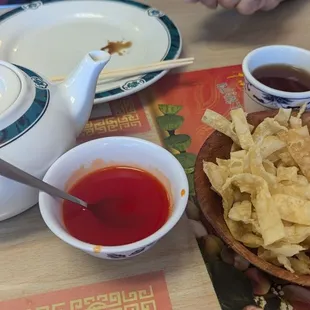 Au Gratin won ton strips and sweet sour OolongTea $3.25 9-22-2024