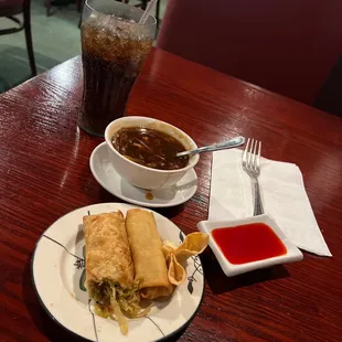 1 Piece Chicken Egg Roll Dinner Hot and Sour Soup Dinner Coke beautiful wife