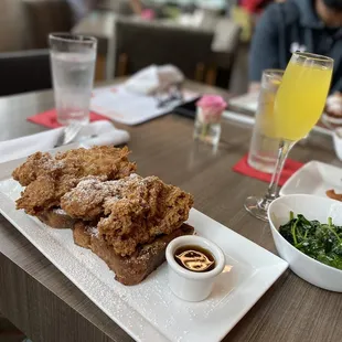 Brioche French toast and fried chicken Sautéed spinach  Mimosa