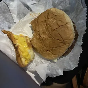 Cheese dog and deluxe burger.