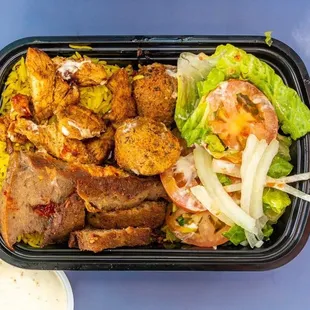 Combo plate, beef gyro,chicken Shawarma,falafel, over rice