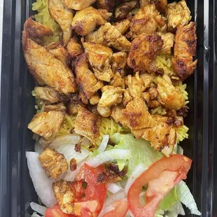 chicken, lettuce, tomatoes and onions