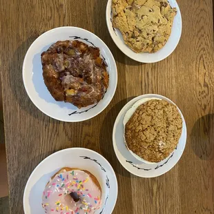 Mouth. Watering. S&apos;mores cookie, apple fritter, oatmeal cream cookie, strawberry donut.