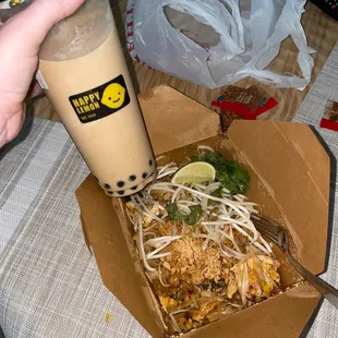 Thai Spicy Chicken Pad Thai (and milk tea from happy lemon, best combo)