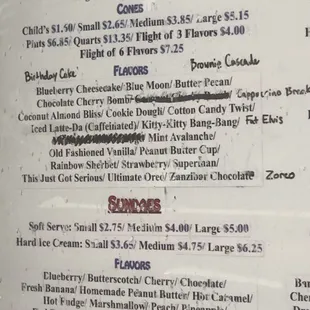 Hard packed ice cream menu