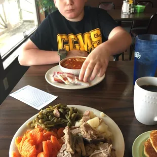 Veggie soup, ribs and potatoes, green beans, carrots lunch special