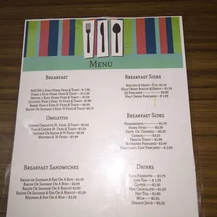 The back side of the menu