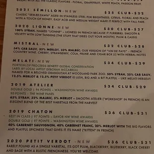 the menu for the tasting