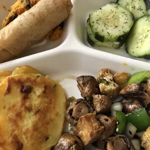 Personal Sampler: Veggie Spring Rolls, Cucumber Salad. Roasted Tofu &amp; Mushrooms &amp; Scallion Pancakes, 11/13/18.